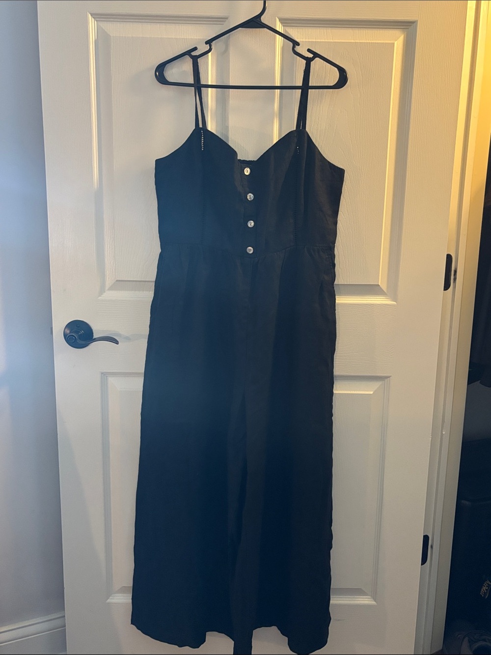 Madewell Black Linen Button-Front Jumpsuit with Spaghetti Straps